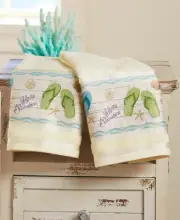 Tropical Summer Colorful Flip-Flops 2 Hand Towels Beach Seaside Seashell Towels