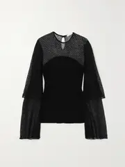 [Chloé] Chloé - Paneled Ribbed Wool-blend And Pointelle-knit Linen-blend Top - Black - small small Black