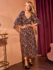 Love & Roses Camel Animal V Neck Puff Sleeve Midi Dress (E21771) | $143