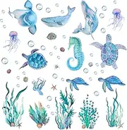 BLMHTWO 2 Pieces Sea Turtle Wall Decal, Under The Sea Wall Decals for Bathroom, Living Room, Bedroom - Includes Sea Grass, Seahorse, Jellyfish