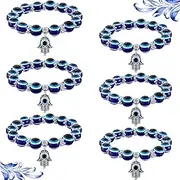 [Yaomiao] 6 Pieces Evil Eye Bracelet Hamsa Blue Beaded Charm Stretch Bracelet Hand of Fatima Turkish Lucky Evil Eye Bracelet for Protection and Blessing