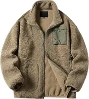 [Qolkmuiy-GJ] Men's Zip Front Sherpa Fleece Jacket Casual Polar Fleece Lined Jackets Fluffy Fuzzy Stand Collar Pocket Coats