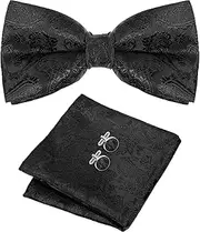 [Qianyu] Men's Bow Tie Set Pocket Square and Cufflinks Satin Tux Bowtie Handkerchief Classic Solid Color Pre-Tied Bow Tie Pocket Square Cufflink Set Adjustable Formal Neck Bowtie for Parties Wedding,