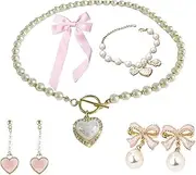 Gpurplebud Pearl Heart Necklace and Earring set - 4PCS Pearl Jewelry Set for Women Girls Gold Plated Pearl Choker Necklace Pearl Bracelet Pearl Earrings Set Trendy Gifts