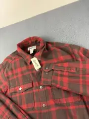 Duluth Trading Jacket Men' L Red Flapjack Fleece Lined Shacket Plaid Relaxed NWT