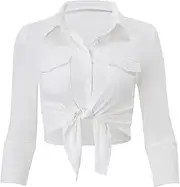 [Lejafay] Womens Lapel V Neck Crop Tops Long Sleeve Tie Front Knot Blouses White Button Down Shirts