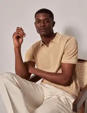 Hawes & Curtis Beige & Cream Open Collar Tipped Knitted Cotton Polo Shirt | Short Sleeve Size: XXL