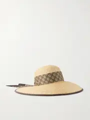 [Gucci] Gucci - Stephie Leather And Printed Twill-trimmed Straw Sunhat - Light brown - XS XS Brown