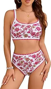 [MELYUM] High Waisted Bikini Sets for Women 2 Piece Tummy Control Swimsuit Floral Full Coverage Bathing Suit Teens Girls