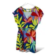 Marie Oliver Silk Sage Smocked Waist Mini Tropical Shift Dress Size Medium