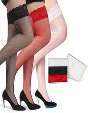 [sunshinelady] Women's Fishnet Thigh High Stockings 3 Pairs High Elastic Anti-Slip Lace Top Stockings for Women Net Stockings for Womens Box Package(XS-5XL Black/White/Red)
