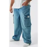 Mens Stonewash Plus Relaxed Fit Woven Tab Cargo Jeans