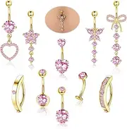 [CASSIECA] 10PCS 14G Belly Button Ring Dangle Navel Piercing Jewelry Cute CZ Butterfly Heart Bow Flower Clicker Belly Rings for Women Hypoallergenic Stainless Steel Dainty Dangling Piercing, Metal,