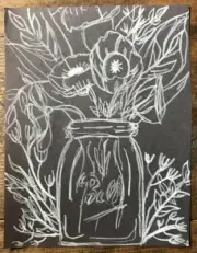 Handmade Drawing-Sketch-White Charcoal-Black Paper-Ball Jar Full of Flowers-New