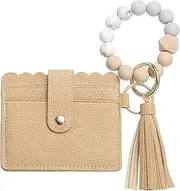 [SUIKIHUM] Card Holder Wallet with Silicone Beaded Bracelet, Slim PU Leather Wallet for Women, Compact and Lightweight Design for Daily Use, Khaki, Khaki, Daily
