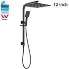 12" Dual Shower Head Set Long Sliding Rail Gooseneck Arm Diverter Square Black