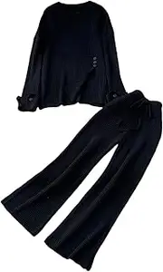 [Generic] Women's Knitwear Suits Crewneck Button Split Loose Pullovers Elastic Wide Legs Pant Oversized Knitted Tracksuits