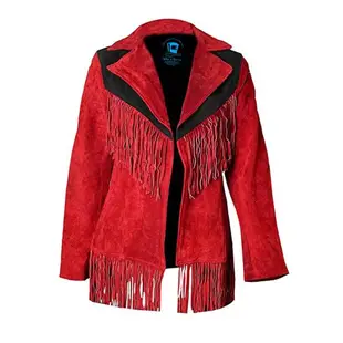 Women Vintage Red Suede Leather Fringe Jacket