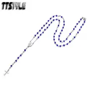 TTStyle Silver Stainless Steel Royal Blue Gem Rosary Bead Necklace With Clip NEW