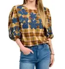 Ivy Jane plaid embroidered top in Orange/camel/mustard - size L