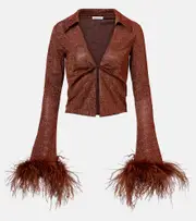 [Oseree] Oséree Lumière Plumage feather-trimmed blouse AU 14 brown