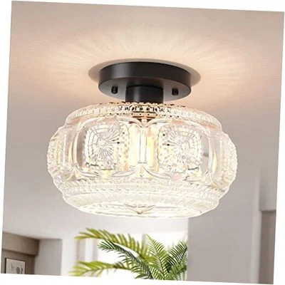 Semi Flush Mount Ceiling Light, Globe Glass Ceiling Light Fixture, Black