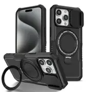 For iPhone 15 Pro Case, MagSafe Compatible, Cam Shield, Stand Cover, Black