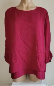 Chicos NWT 3 XL 16-18 Red Textured Overlay 3/4 Sleeve Blouse Top