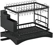 Cefito Dish Drying Rack, 2-Tier Expandable Dish Drainer Kitchen Plate Racks Dishwashing Storage Organiser Countertop, with Cup Holder and Cutlery Tray Black