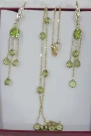 14k Yellow Gold Necklace & Earrings With Genuine Peridot Stones.