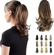 Sofeiyan 33 cm Ponytail Extension Long Curly Ponytail Clip in Claw Hair Extension Natural Looking Synthetic Hairpiece for Women, Dark Brown/Golden Auburn