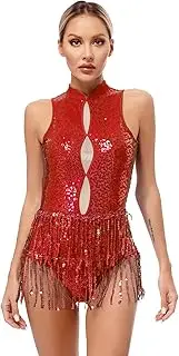 [RUNQHUI] Sparkly Glitter Metallic Jumpsuits for Women Backless Leotard Dress Sequin Fringe Romper Disco Dance Outfit