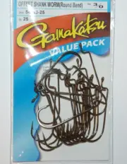 gamakatsu 3/0 offset shank worm round bend hooks 54113-25 value pack