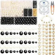 Swpeet 1503Pcs 2 Colors 4/6/8/10/12mm Pearl Bracelet Making Kit Includes 1000Pcs Black/White Perforated Pearls, 500Pcs Spacer Beads, 2Pcs Elastic Strings, 1Pc Scissors for DIY Jewelry Beading Necklace