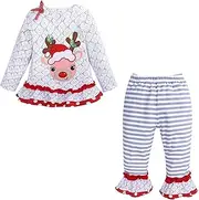 [Generic] Baby Girl Blanket Infant Autumn/Winter Girls' Suit Geometric Floral Deer Pattern Ruffle Pullover Top + Striped Ruffle Flared Pants Clothes Kids Girls (Grey, 18-24 Months)