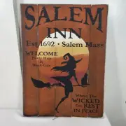 Halloween SALEM INN Hanging Wooden Sign Pointy Hats & Black Cats WITCH SIGN NEW