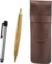SASTYO-ALST-HS47S Chevrolet Choco Color Cowhide Pen Case Metal Touch Stick Silver and Maple Wooden Axis Retro Ballpoint Pen Set