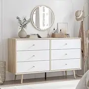 [Merryluk] Chest of Drawers 6 Drawer White Tallboy, Dresser Clothes Storage Cabinet Organizer Lowboy Bedside Table Bedroom Furniture Home Living Room Hallway Entryway