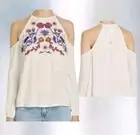 NWT JACHS Girlfriend Size Large Cold Shoulder Flowy Peasant Halter Neck Top