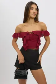 Red Frilled Top Sleeveless Off Shoulder Chiffon - Size 10S, Women's Crop Top