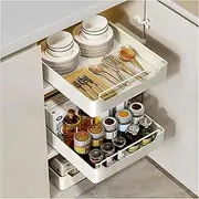 ZCOINS 1 Pack 43 x 35 CM White Pull Out Cabinet Organizer Slide Out Drawer with 1 Roll 1M Drawer Liners Mat Adhesive Peel and Stick Sliding No Screw Adjustable Drawer for Kitchen Pantry Cupboard