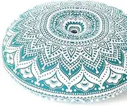 EYES OF INDIA - 32" Green White Round Colorful Floor Patchwork Pillow Cover Meditation Cushion Seating Throw Mandala Hippie Bohemian Accent Boho Chic Dog Bed Indian Handmade Cover ONLY