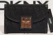 NEW DKNY Women's Black Logo Jacquard Signature Turn-Lock Wallet Trifold