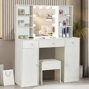 Buildonely Vanity Table with Mirror and Lights, Vanity Table with 3 Drawers and 2 Doors, Makeup Table with Shelves and Stool, Large Vanity Set for Girls and Women, White