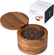 Acacia Wood Salt Cellar Bowl Box with Swivel Magnetic Lid to avoid Dust, Elegant Kitchen Salt Container Holder with to Storage Pepper Spice Bath Salt Sea Salt, 6OZ（No Spoon）