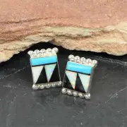 Zuni Sterling Silver Turquoise Opal Jet Inlay Small Square Stud Earrings Unique