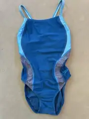 Speedo Pro LT Flyback Solid One Piece Blue Teal Gray Swimsuit, Size 8/34 NWT