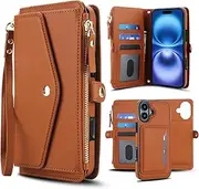 Konstreet for iPhone 16 Wallet Case 2-in-1 with Multiple Card Slots Zipper Pocket Magnetic Closure Cash Holder Detachable Wristband and Long Rope and Support Wireless Charging- Brown