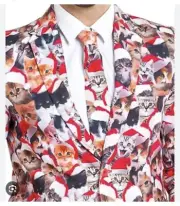 Tipsy Elves Men’s Meowy Christmas Cat Blazer With Tie ￼Size 38J Holiday Ugly