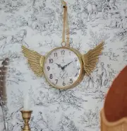 Whimsical Glass Clock With Gold Wings, Battery Operated, Hangs On Wall